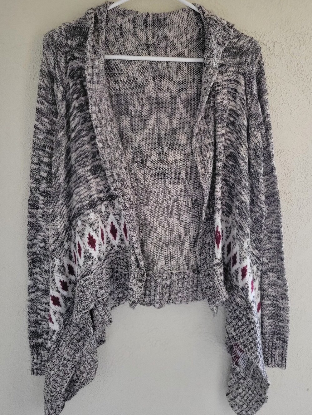Heart N Crush Gray Marled Knit Aztec Pattern Open Front Cardigan Large Boho